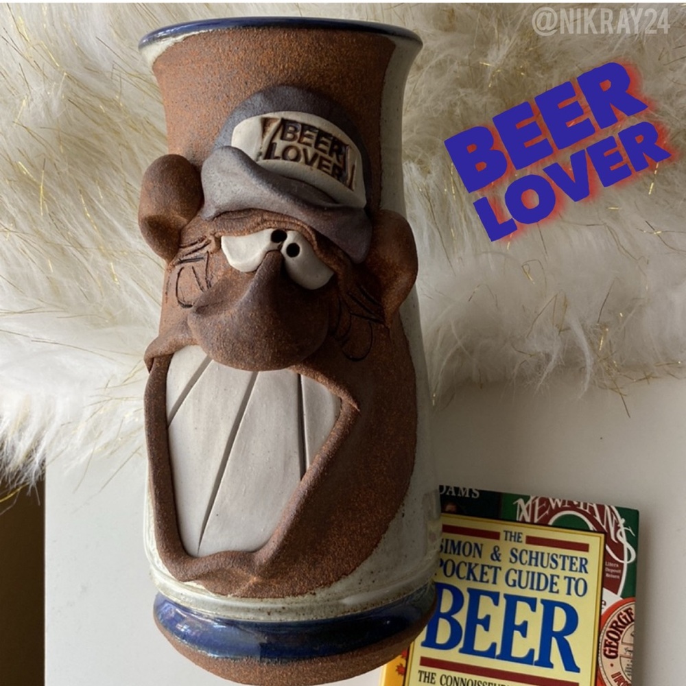 VINTAGE STONEWARE MAHON FACE MUG BEER LOVER FUNNY SIGNED HANDMADE Fathers Day
